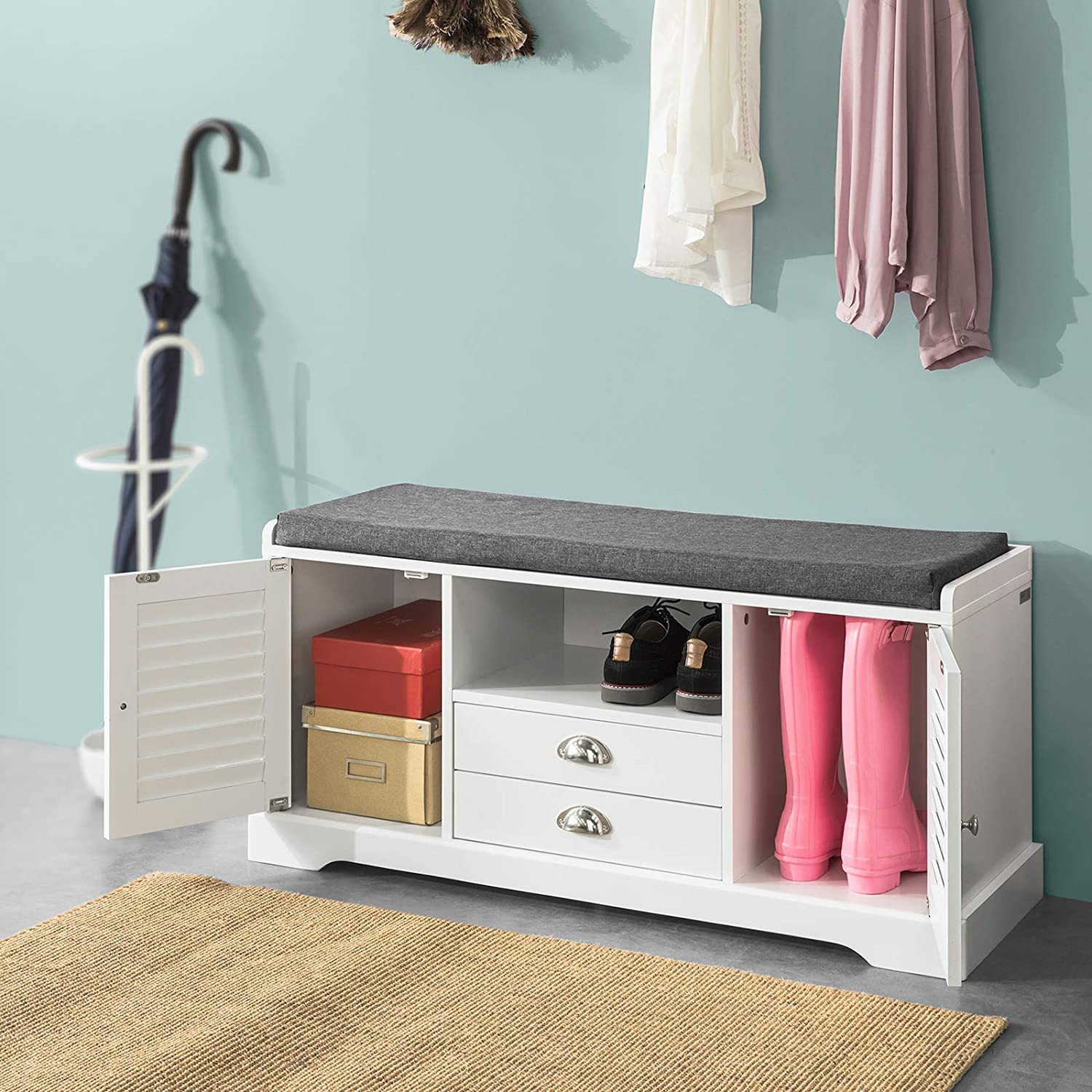 Witte schoenenbank met zitkussen | MDF | 105x49x37cm - Simpletrade